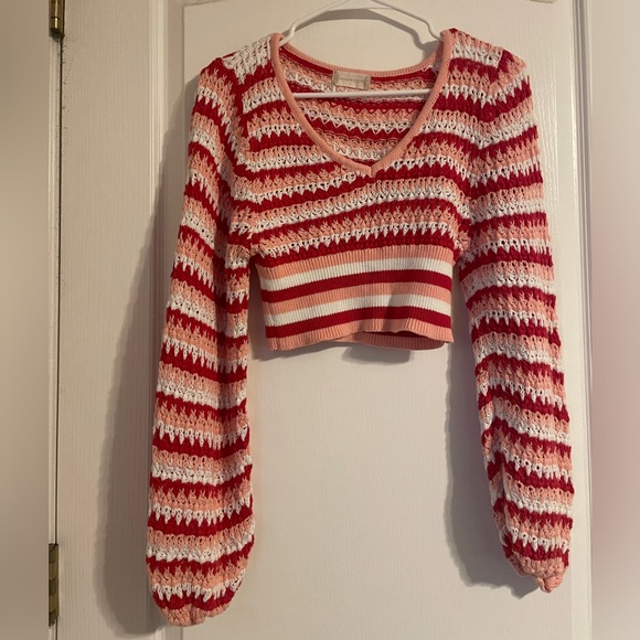 NWOT Altar'd State Pink Red White Striped Chunky Knit Cropped Sweater S Coquette - Picture 1 of 7